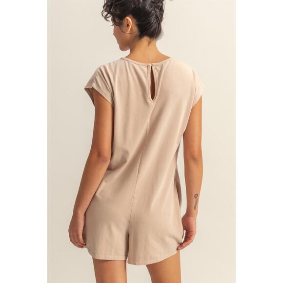 HYFVE Round Neck Cap Sleeves Side Pockets Relaxed Fit Breezy Romper | Dark Taupe - Picture 4 of 6